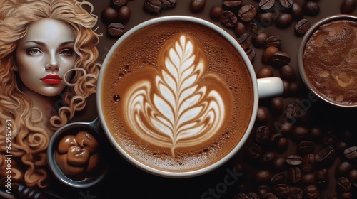 Latte Art. closeup hot coffee latte art cup on table. Coffee latte art icon. Coffee cup latte art icons illustration. Latte art coffee or mocha coffee. Hot coffee latte with beautiful milk foam latte  photo