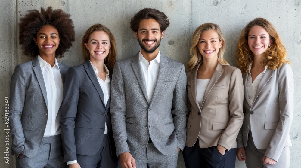 A diverse group of professionally dressed smiling young adults, consisting of four women and one man, standing against a modern concrete wall background, showcasing workplace diversity and team spirit A diverse group of professionally dressed smiling young adults, consisting of four women and one man, standing against a modern concrete wall background, showcasing workplace diversity and team spirit