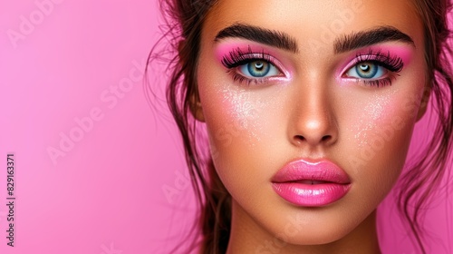 A close-up portrait of a person with bright blue eyes  wearing vibrant pink makeup including eyeshadow  lipstick  and highlighted cheeks  set against a solid pink background