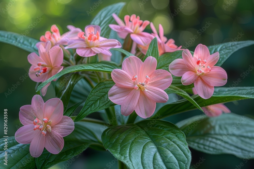 Fototapeta premium A close-up view of beautiful pink flowers with lush green foliage in a natural setting, showcasing the intricate details and vibrant colors of the petals and leaves