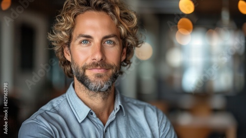 Portrait of a confident and stylish man with curly hair and beard, smiling while standing in a modern, warmly lit office space with a blurred background