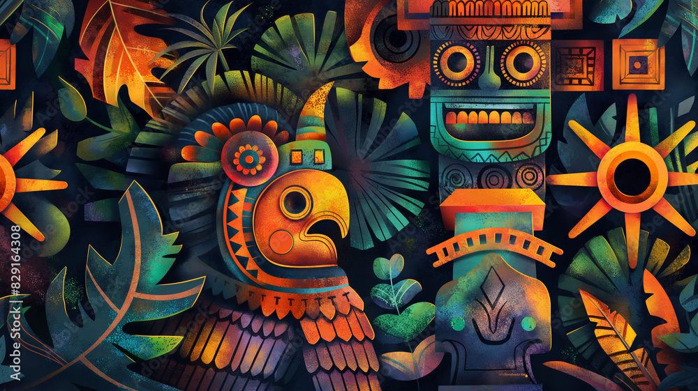 mural cultura maya estilo acuarela 