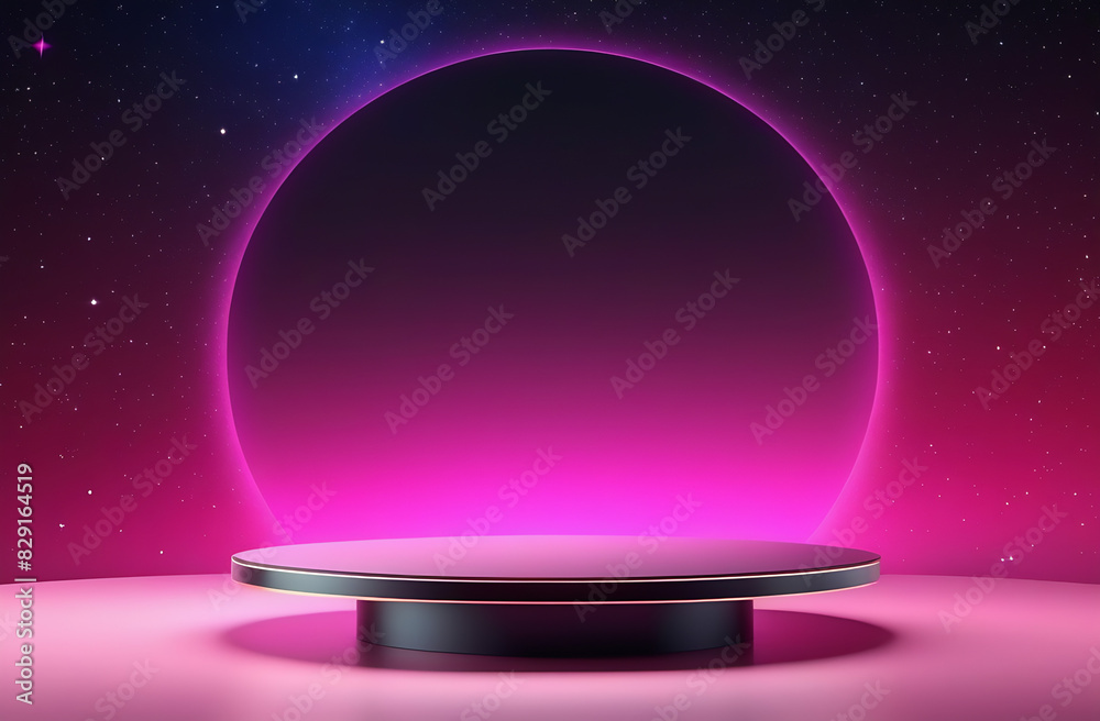 A round empty stand on the background of a neon glowing arch. Stylish platform on the background of stars for product advertising A round empty stand on the background of a neon glowing arch. Stylish platform on the background of stars for product advertising
