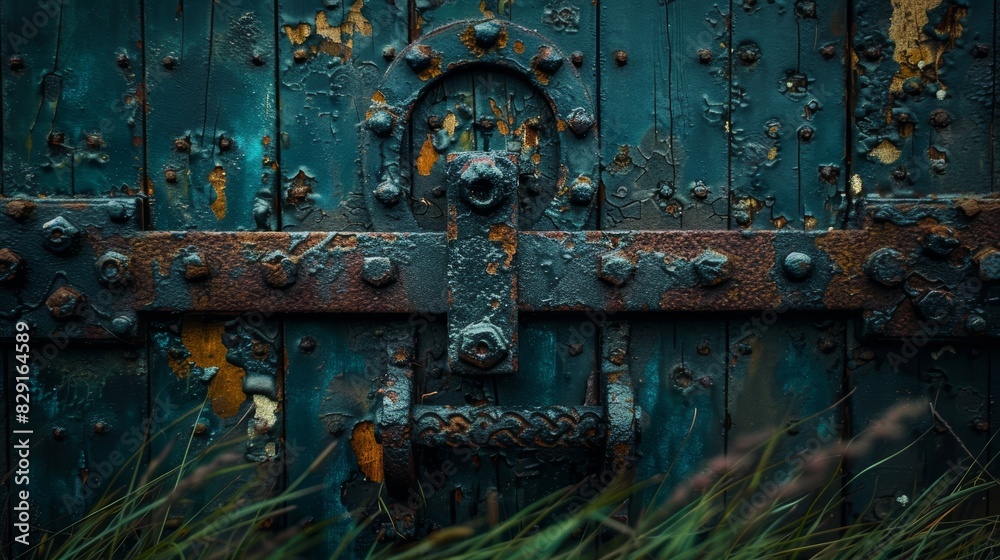 Old and weathered blue door with rust and peeling paint showcasing intricate ironwork and vintage texture
