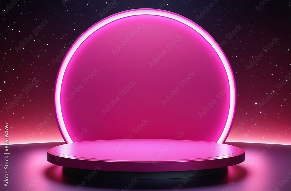 Pink round stand on the background of a sphere and lights. The concept of a stylish background for advertising products and cosmetics in neon light Pink round stand on the background of a sphere and lights. The concept of a stylish background for advertising products and cosmetics in neon light