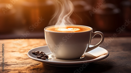 Steaming Cup of Coffee on Wooden Table - Close-up