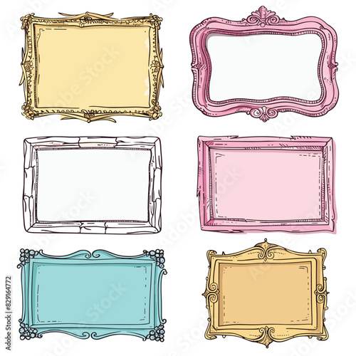 Six ornate vintage frames hand drawn, pastel colors. Collection rectangle square borders decorative. Elegant empty frames pictures, artistic sketch style isolated white background