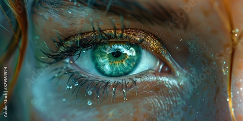 A close-up of an eye with striking blue and green colors, surrounding delicate golden flecks, detailed eyelashes, and water droplets