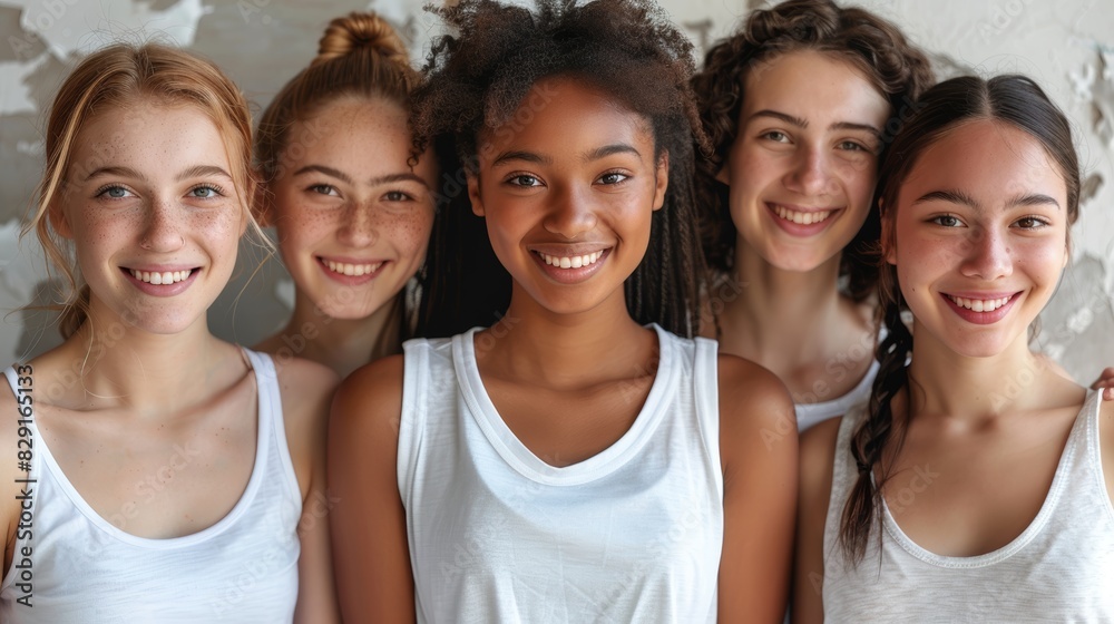 A diverse group of five young women smiling and standing closely together, showcasing unity and friendship in a brightly lit setting