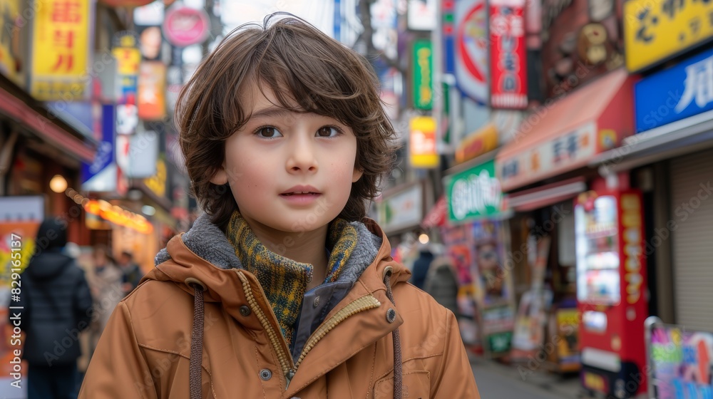A young child wearing a brown jacket and a multicolored scarf stands amidst a bustling urban street filled with colorful store signs and blurred pedestrians A young child wearing a brown jacket and a multicolored scarf stands amidst a bustling urban street filled with colorful store signs and blurred pedestrians