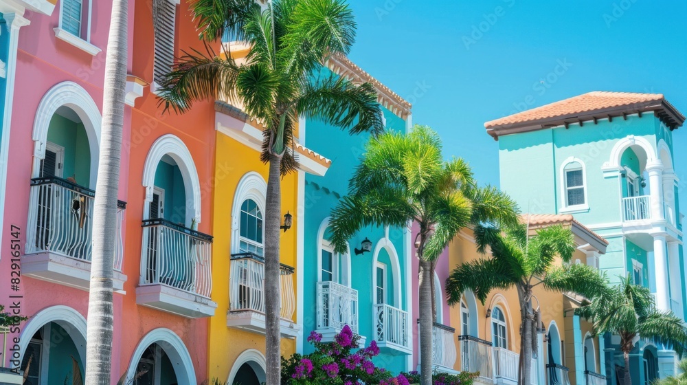 Colorful buildings and palm trees line the street in vibrant florida cityscape with travel and leisure vibes