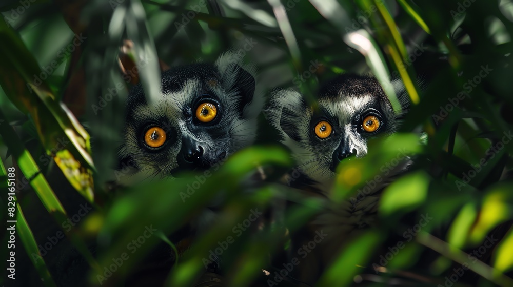 Two lemurs with striking yellow eyes peering through dense foliage in a jungle setting. Two lemurs with striking yellow eyes peering through dense foliage in a jungle setting.