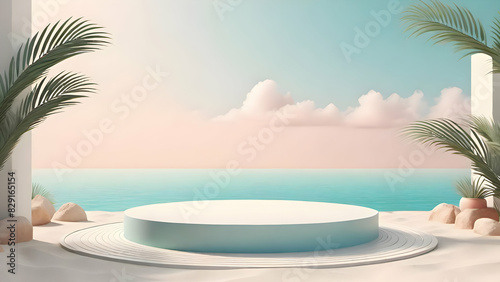 Summer theme background with empty podium for showing or placing product, cosmetic etc
