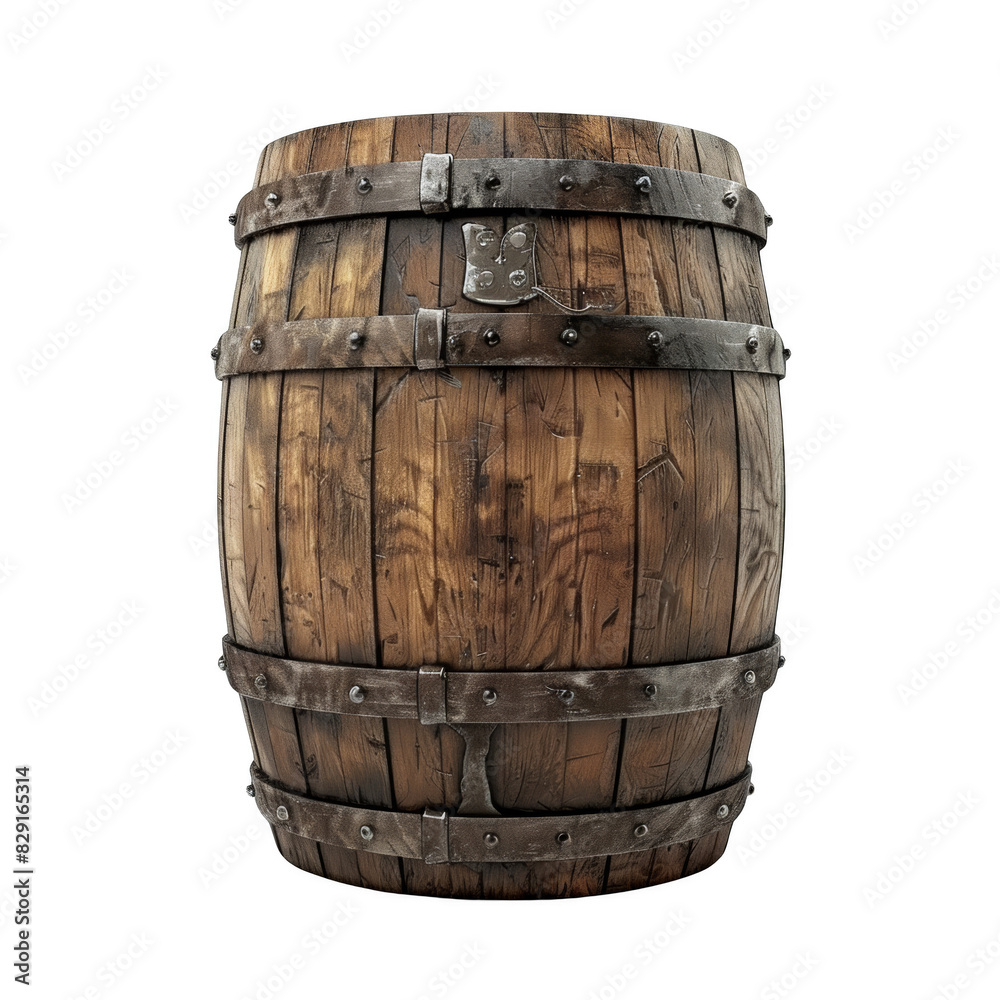 Obraz premium A wooden barrel, with metal edges and slats on the bottom, isolated white background, png.