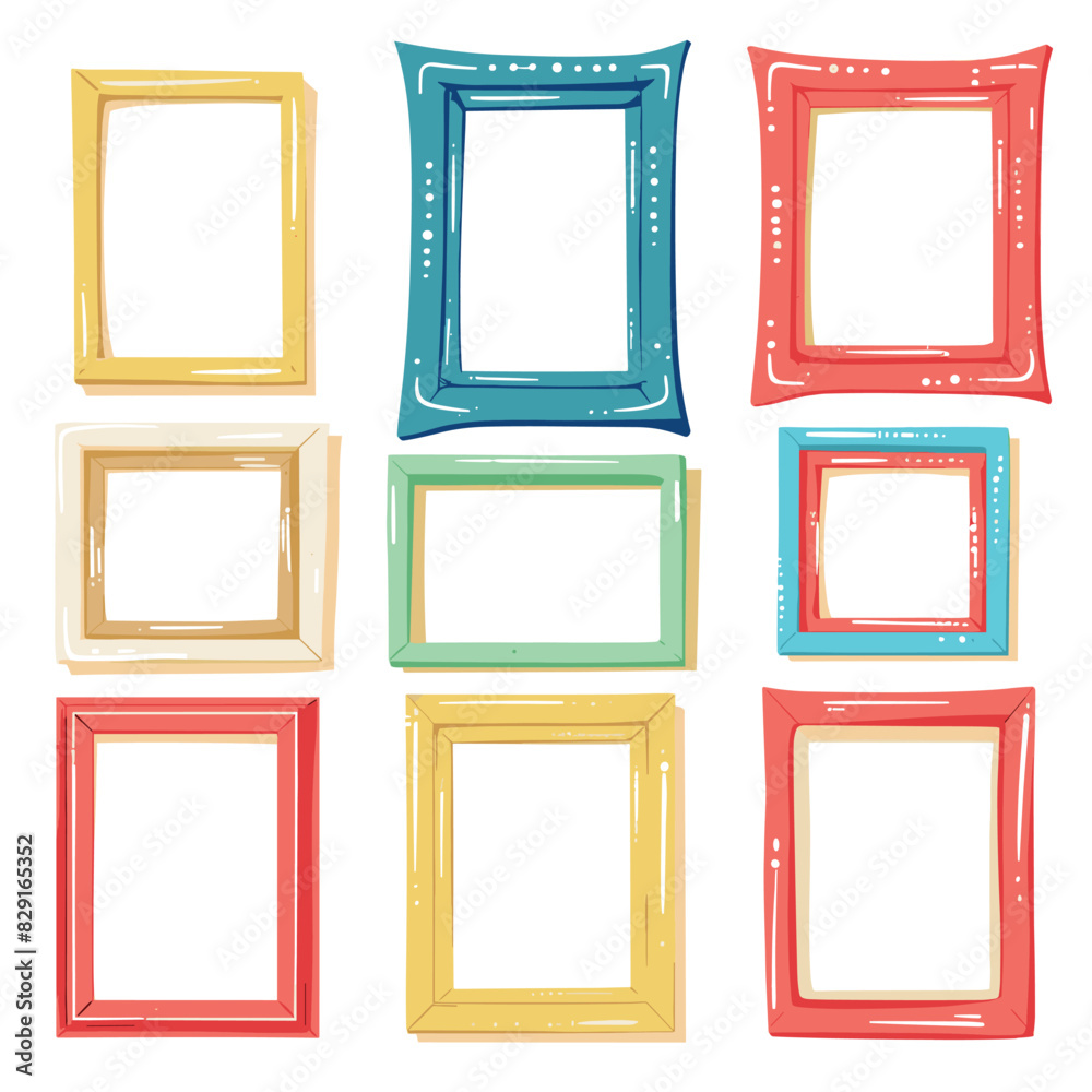 Collection colorful picture frames cartoon style isolated white background. Artistic gallery decoration concept vibrant colors. Doodle drawing photo frames interior design illustration artwork