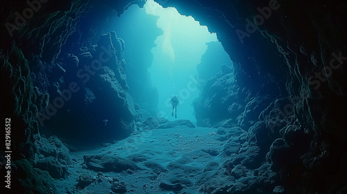 A diver exploring an underwater cave, their flashlight illuminating the rock formations and marine life as they navigate through the cave. 