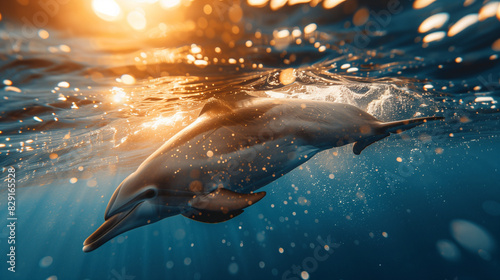 A dolphin swimming towards the surface, breaking through the water with a playful leap. Sunlight reflects off the dolphin's sleek body, creating a dynamic and lively scene.
 photo