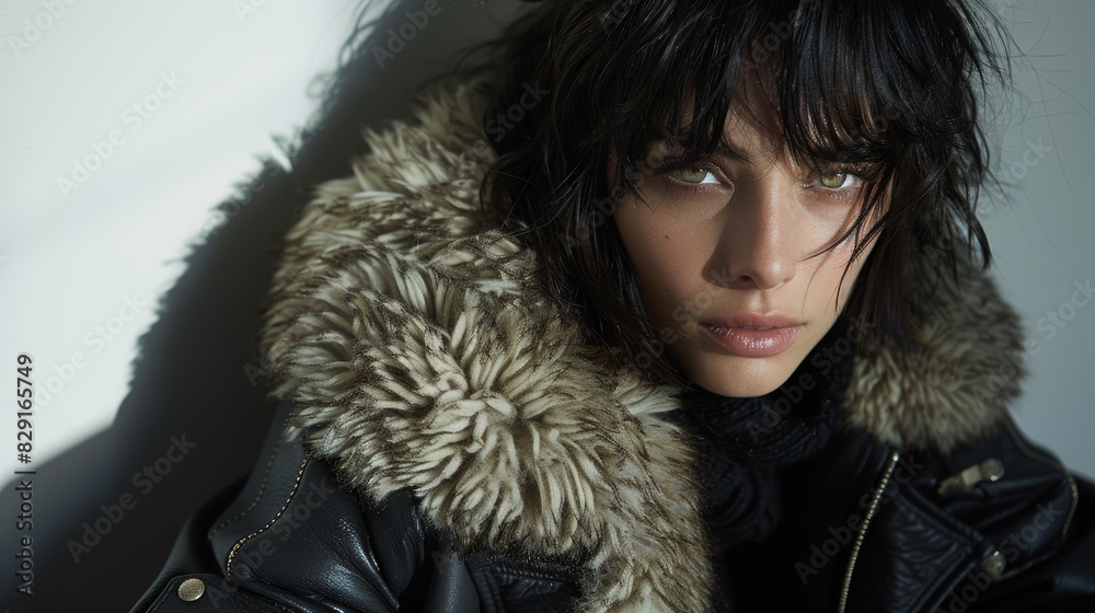 A close-up photograph of a person with dark hair and piercing eyes, wearing a leather jacket with a fur collar, standing against a bright background A close-up photograph of a person with dark hair and piercing eyes, wearing a leather jacket with a fur collar, standing against a bright background