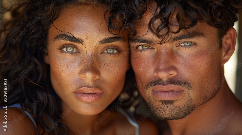 A captivating close-up of two individuals with vibrant green eyes and radiant complexions, showcasing their intense and expressive facial features A captivating close-up of two individuals with vibrant green eyes and radiant complexions, showcasing their intense and expressive facial features