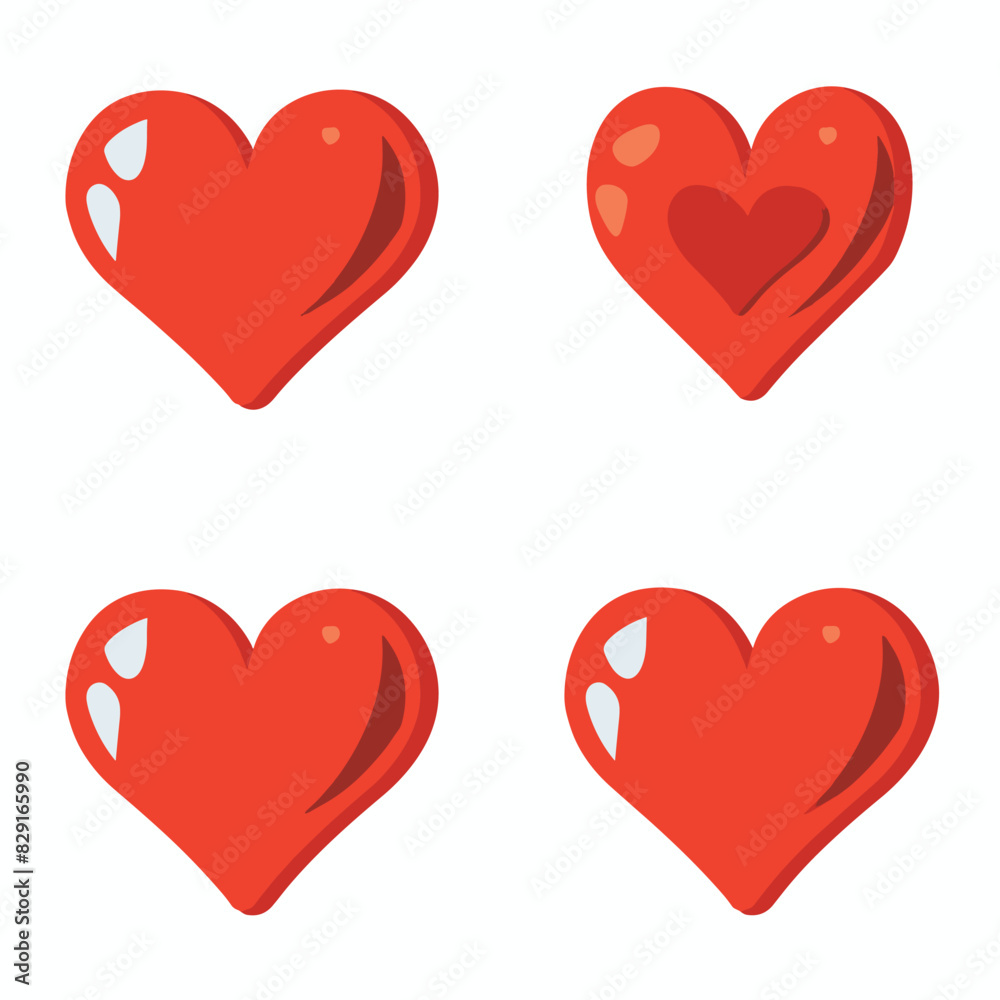 Four red hearts cartoon style isolated white background. Cute love symbols glossy reflections, Valentines Day, romance. Graphic valentine hearts set, bright primary color, shiny, relationship Four red hearts cartoon style isolated white background. Cute love symbols glossy reflections, Valentines Day, romance. Graphic valentine hearts set, bright primary color, shiny, relationship