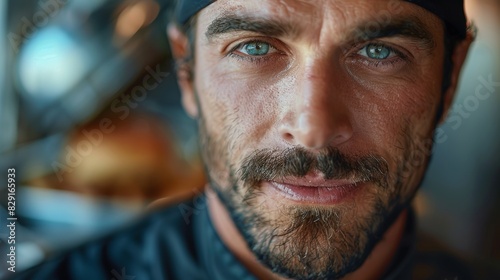 A striking close-up portrait in natural lighting capturing the intense gaze and rugged features of an individual in a casual outdoor setting