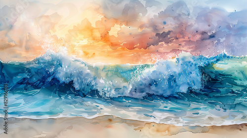 A painting of a wave crashing on a beach with a sunset in the background. The mood of the painting is serene and peaceful, as the waves and sunset create a calming atmosphere