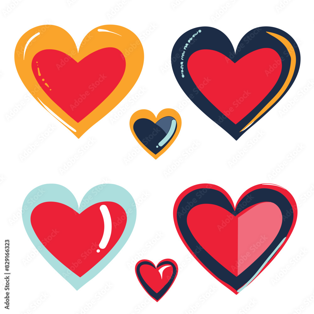 Six stylized hearts various sizes colors. Hearts feature different shades yellow, blue, red, accents. Assorted love symbols, graphic elements Valentines Day
