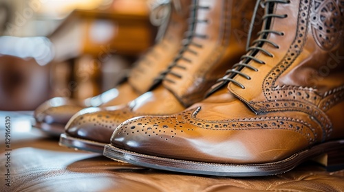 Elegant close-up of polished brown leather dress shoes featuring intricate brogue detailing and stylish craftsmanship for a refined look photo