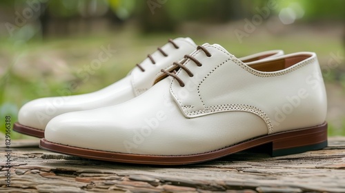 A side view of a pair of elegant white leather dress shoes with brown soles and matching laces, placed on a rustic wooden surface outdoors © aicandy