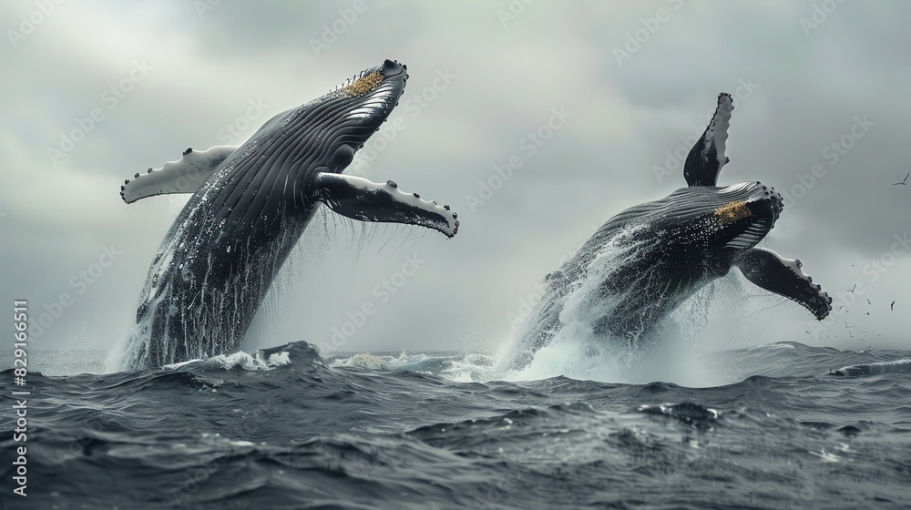 Obraz premium Two majestic humpback whales breaching the ocean's surface under a cloudy sky, showcasing nature's raw power and beauty.