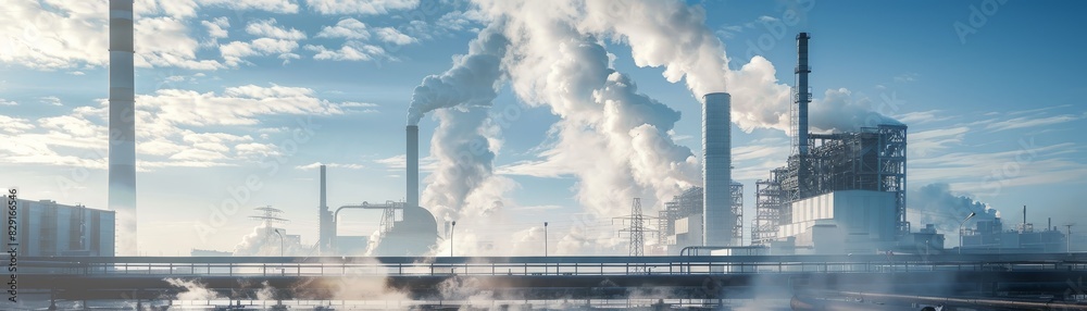 A factory with smoke coming out of it. The sky is cloudy and the sun is not visible A factory with smoke coming out of it. The sky is cloudy and the sun is not visible