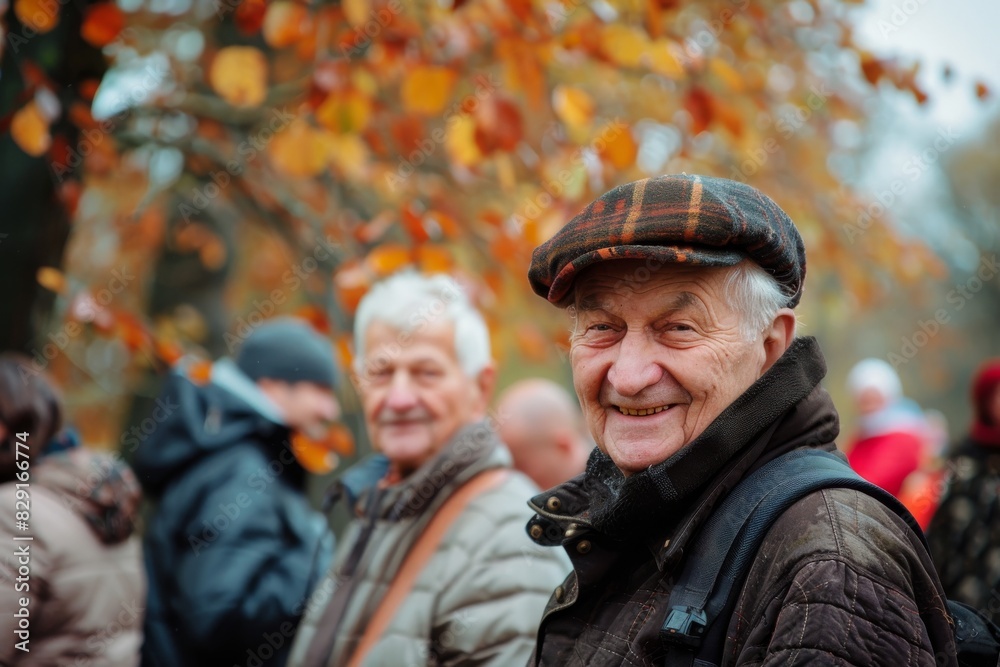 Portrait of an elderly man in a cap on a background of autumn trees. Portrait of an elderly man in a cap on a background of autumn trees.