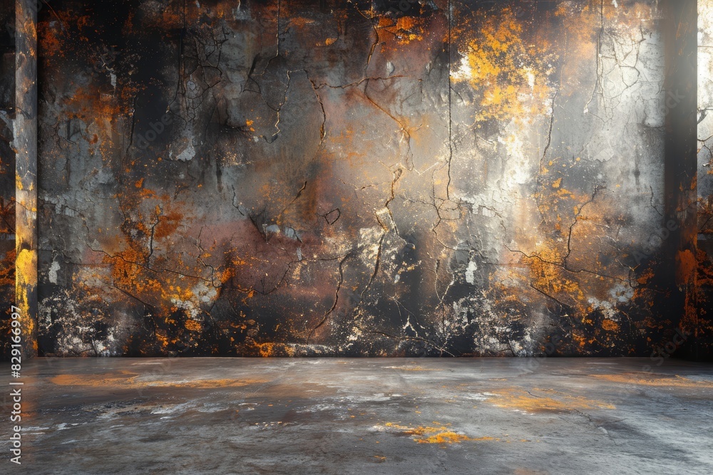 Obraz premium A visually striking industrial-themed textured wall with cracks and rust patterns captures a sense of decay and raw urban beauty in a weathered interior space