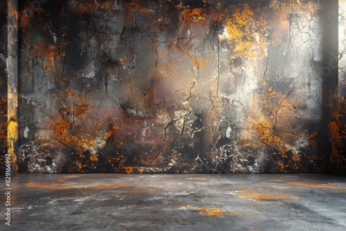 A visually striking industrial-themed textured wall with cracks and rust patterns captures a sense of decay and raw urban beauty in a weathered interior space photo