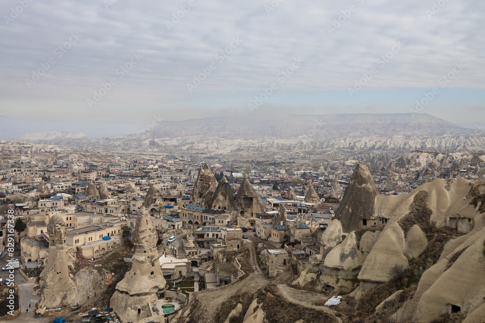 landscape overlooking the rocks of the ancient city Cappadocia in Türkiye.