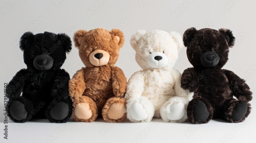 Set of fur plush stuffed teddy bear, black, white, brown Set of fur plush stuffed teddy bear, black, white, brown