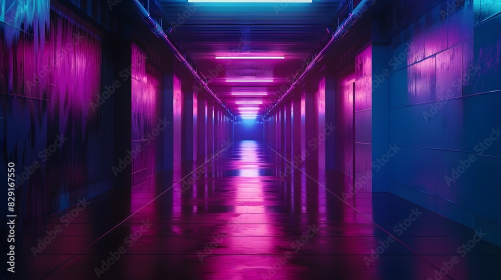 abstract background of futuristic corridor with purple and blue neon lights. 
