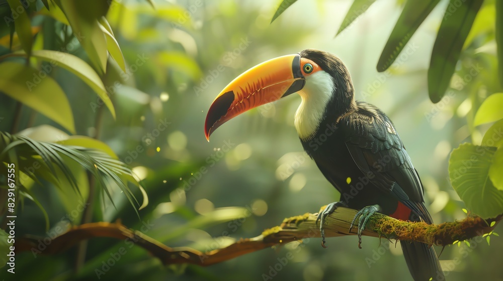 Naklejka premium Stunning toucan perched on a branch in its natural rainforest habitat, surrounded by lush green foliage and bathed in soft sunlight.