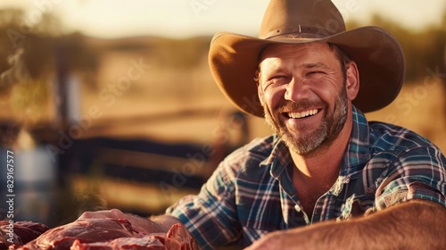 Close up of beef butcher man wear cowboy hat, cattle farm outdoor background. photo