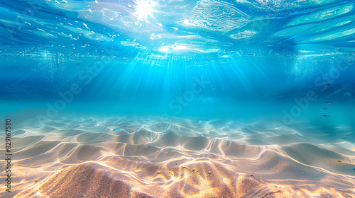 A view of the beach from below the water, with waves gently rolling overhead and sunlight creating dancing patterns on the sandy bottom. 