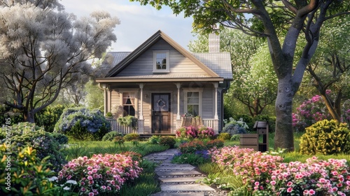 Small American house with front porch and flower garden. © Ammar