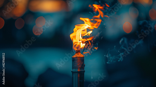 A torch burning with a strong, steady flame in a slightly windy environment, the flame swaying gently with the breeze, adding a dynamic element to the scene. 
