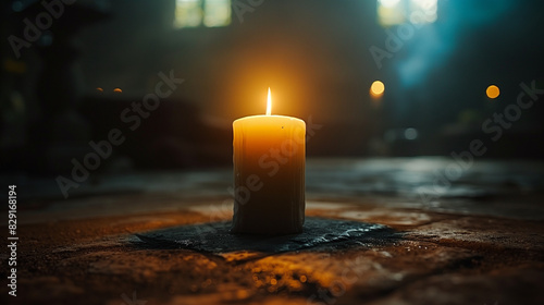 A single candle flame flickering gently in a dark room, casting subtle shadows and creating a peaceful and serene atmosphere. 