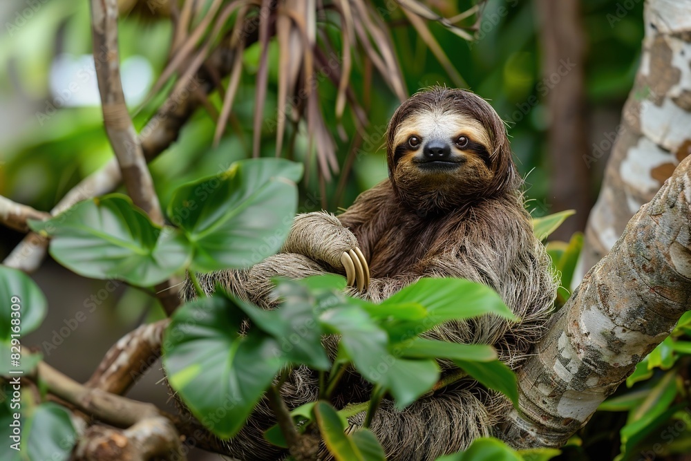 Fototapeta premium Cute sloth sitting on a tree branch with green leaves