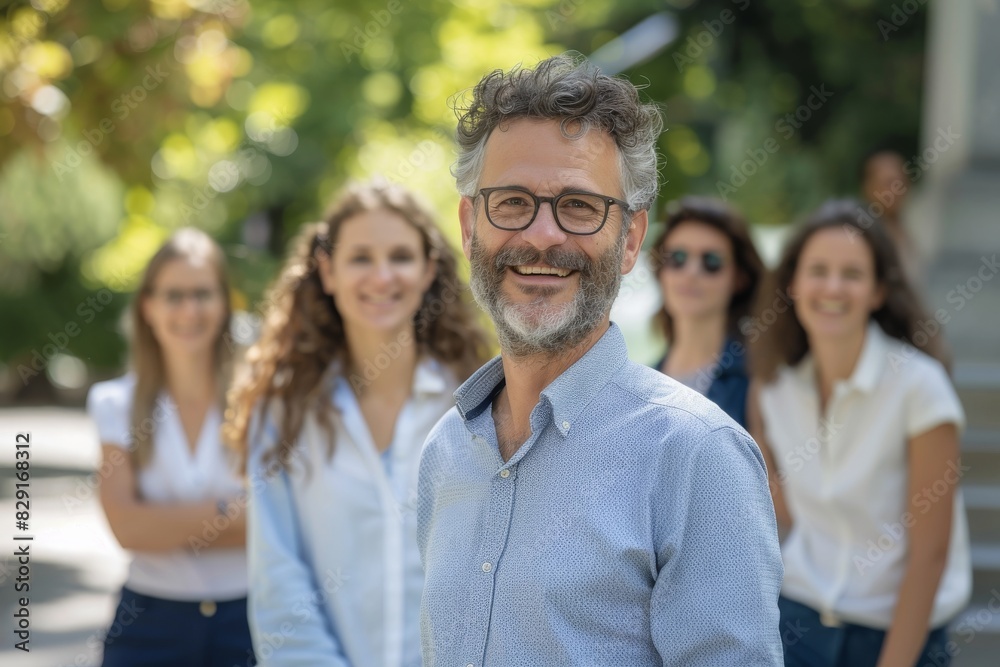Portrait of a smiling middle-aged man with his friends standing in the background Portrait of a smiling middle-aged man with his friends standing in the background
