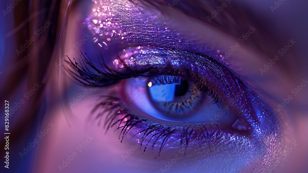Intense purple shimmer adorns a close-up of woman's eyelash Intense purple shimmer adorns a close-up of woman's eyelash