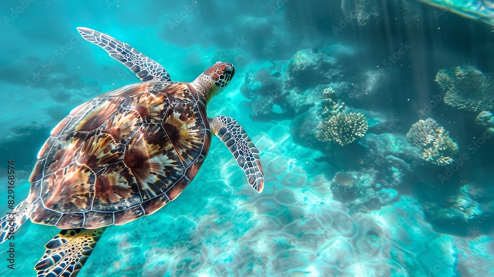 Obraz premium A stunning underwater shot of a sea turtle swimming gracefully over vibrant coral reefs in clear blue water, showcasing marine beauty and biodiversity.