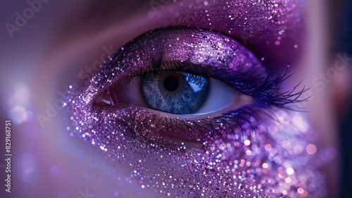 Stunning close-up of blue eye with sparkling purple glitter makeup