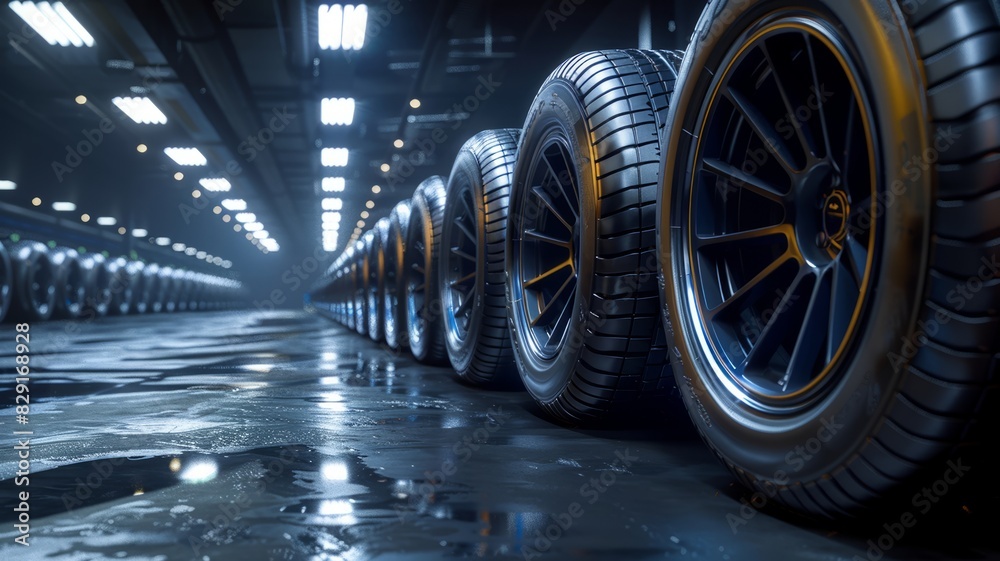 Rows of new car tires stored in a modern warehouse