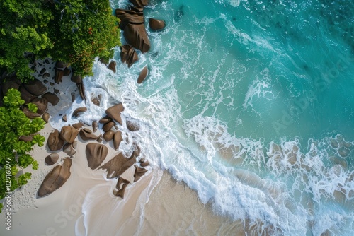 Top view of the beautiful ocean shore with waves and foam on the sand. Seychelles. Texture and background tourism design - generative ai